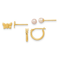 14K Butterfly FW Cultured Pearl and Hoop 3 Pair Earrings Set-YE2099
