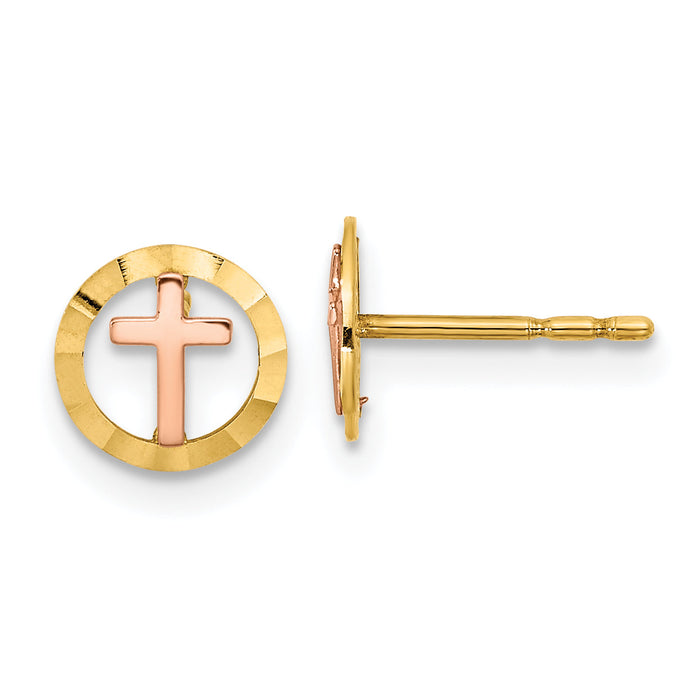 14K Two-tone Circle with Cross Post Earrings-YE2119