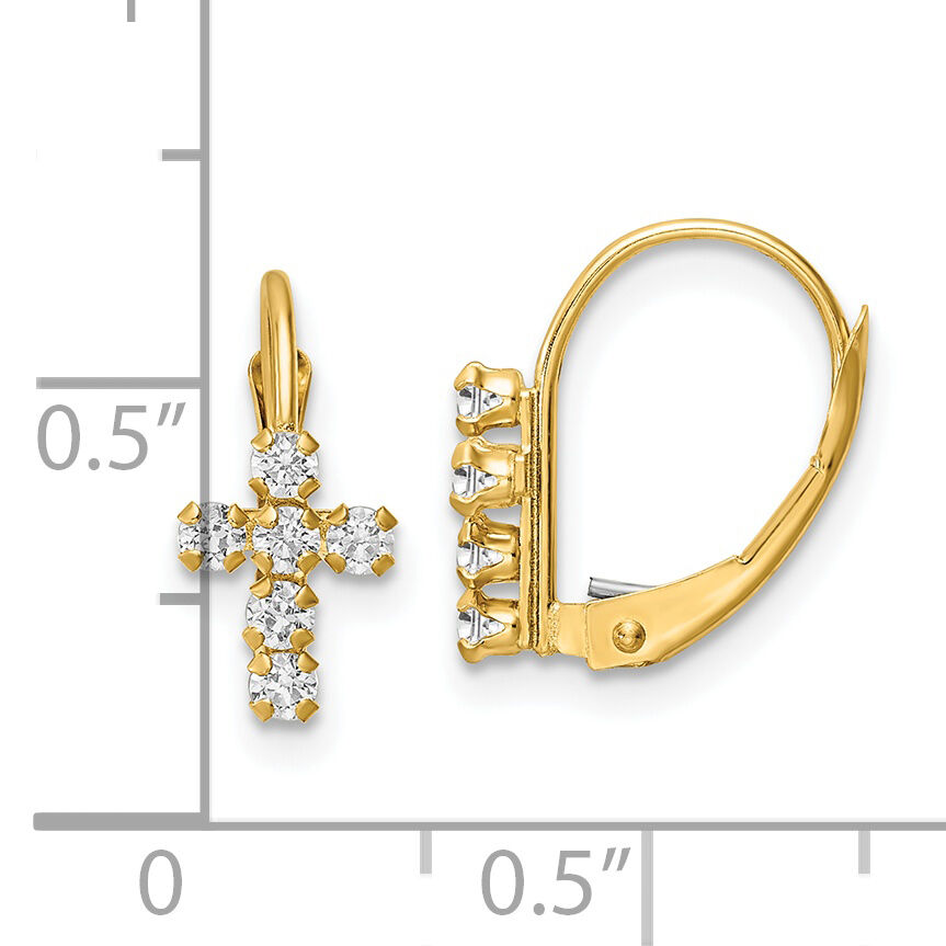 14k CZ Polished Leverback Cross Earrings-YE2120