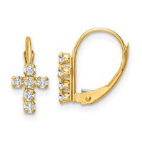 14k CZ Polished Leverback Cross Earrings-YE2120