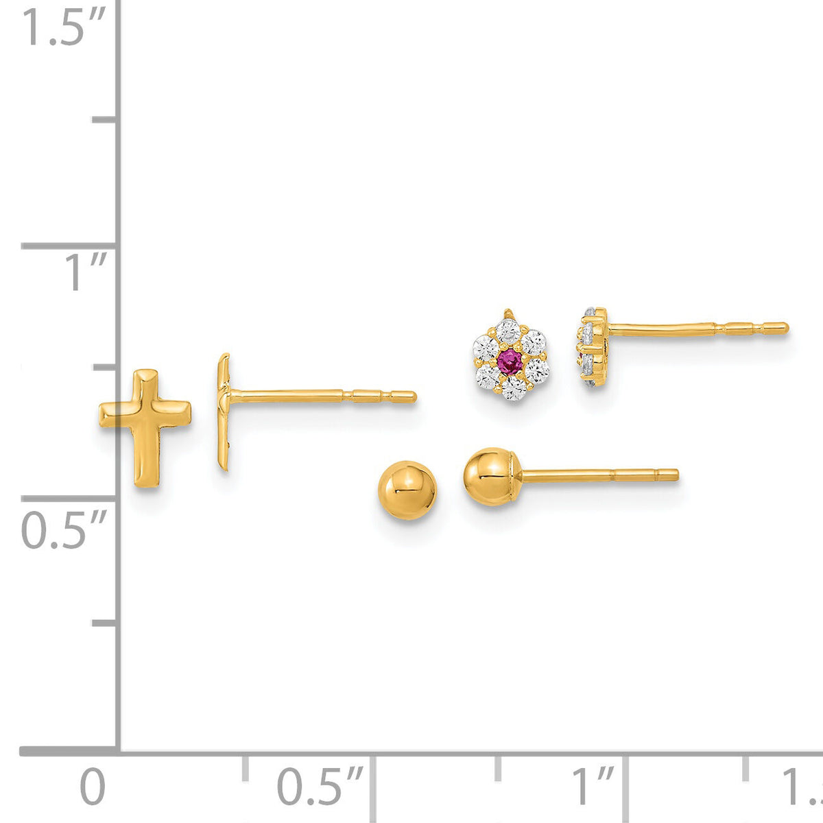 14K Polished Set of Ball Post CZ Flowers and Cross 3 Pair Earrings Set-YE2126