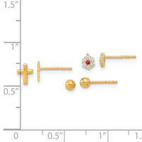 14K Polished Set of Ball Post CZ Flowers and Cross 3 Pair Earrings Set-YE2126