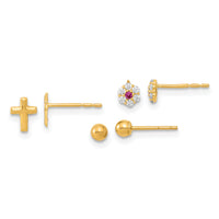 14K Polished Set of Ball Post CZ Flowers and Cross 3 Pair Earrings Set-YE2126