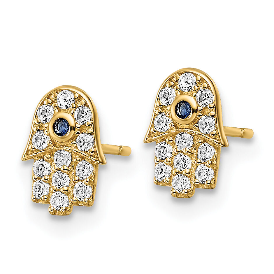 14k CZ & Blue Glass Stone Hamsa Post Earrings-YE2133