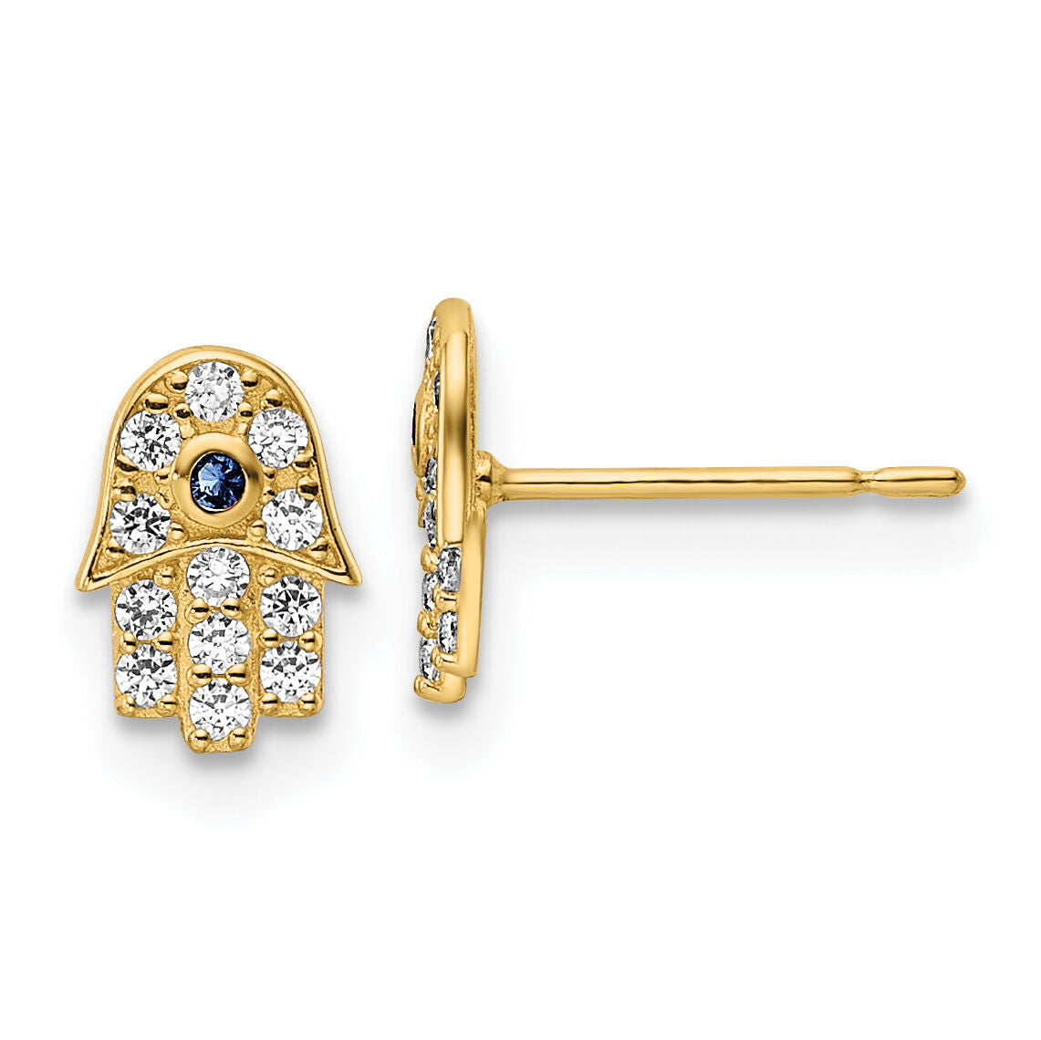 14k CZ & Blue Glass Stone Hamsa Post Earrings-YE2133