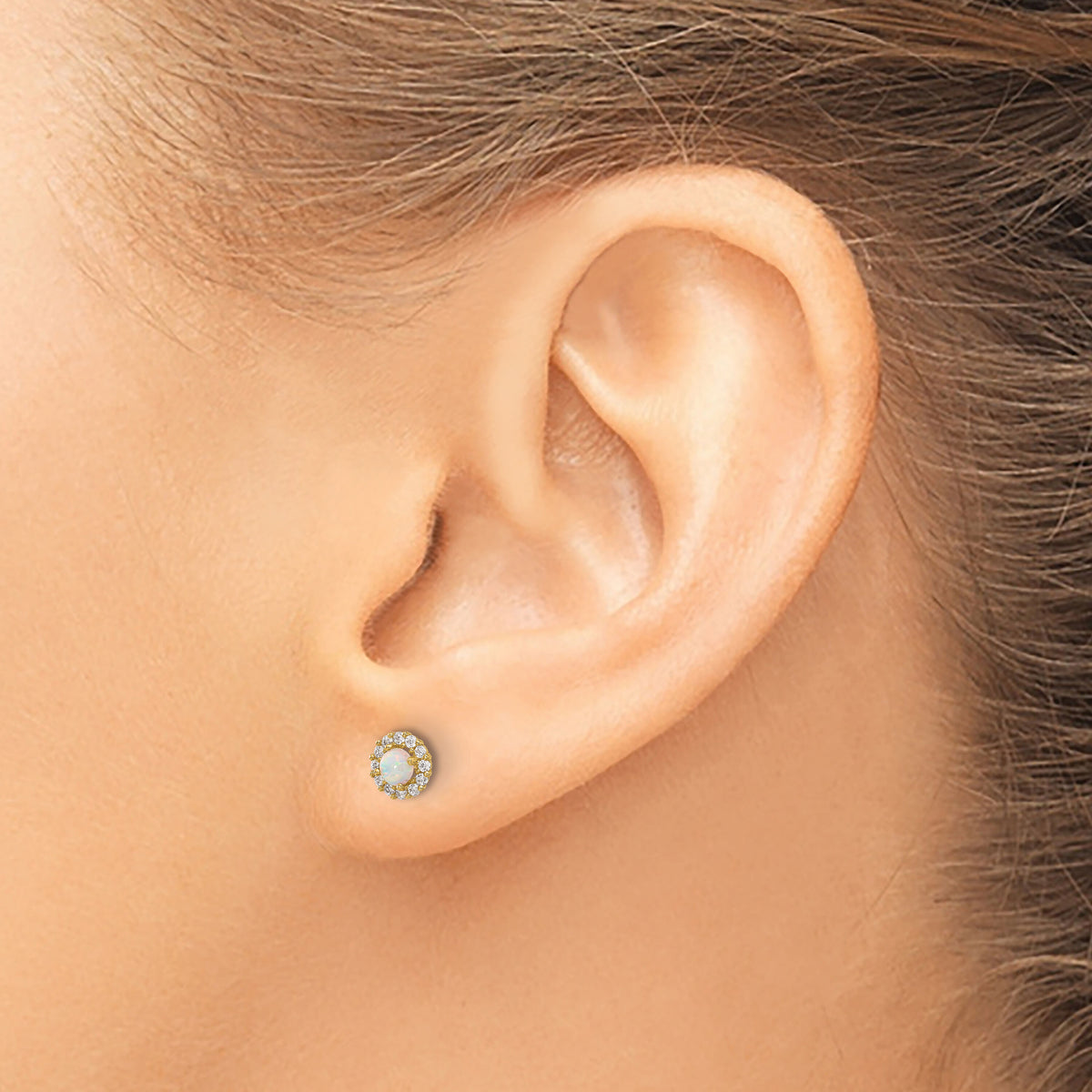 14K Polished CZ and Created Opal Circle Screwback Post Earrings-YE2134