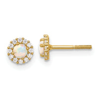 14K Polished CZ and Created Opal Circle Screwback Post Earrings-YE2134