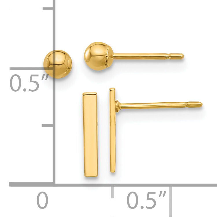 14K Polished 3mm Ball and Bar Earring Set-YE2160