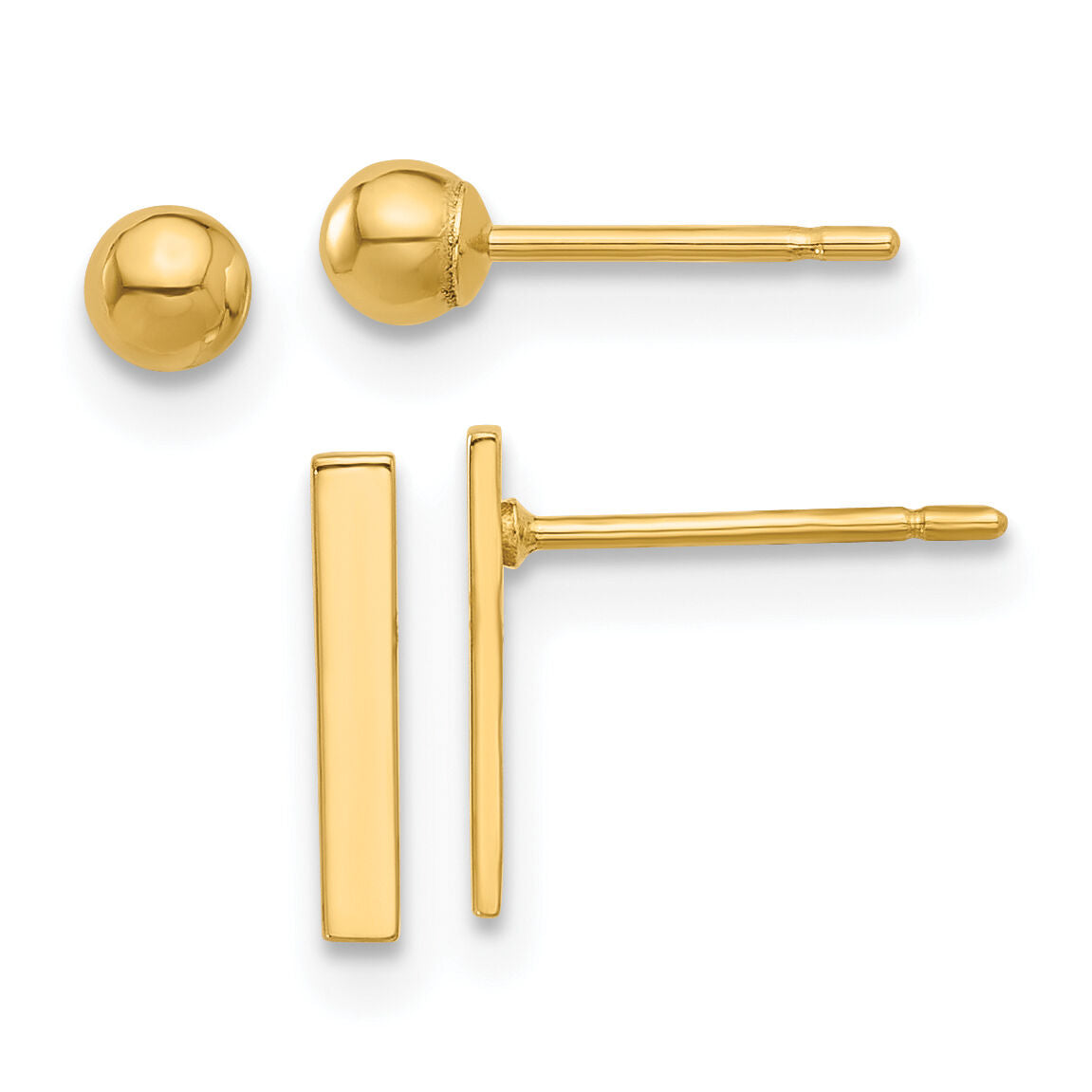 14K Polished 3mm Ball and Bar Earring Set-YE2160