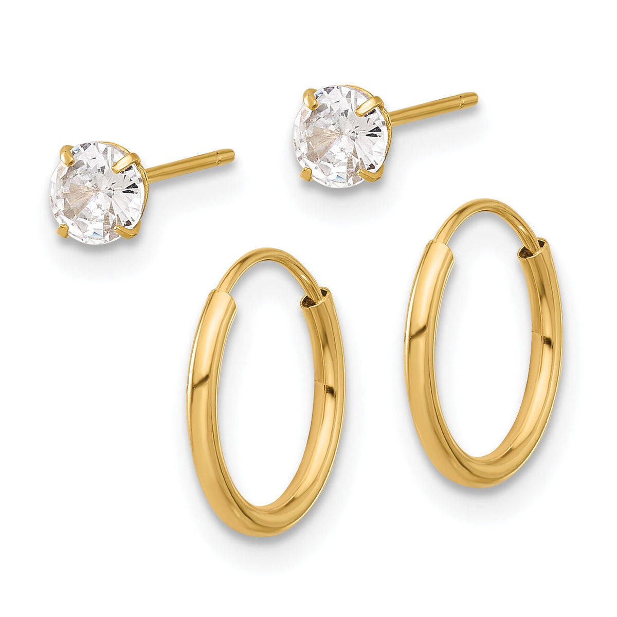 14K Polished CZ Studs and Small Endless Hoop Earring Set-YE2162SET