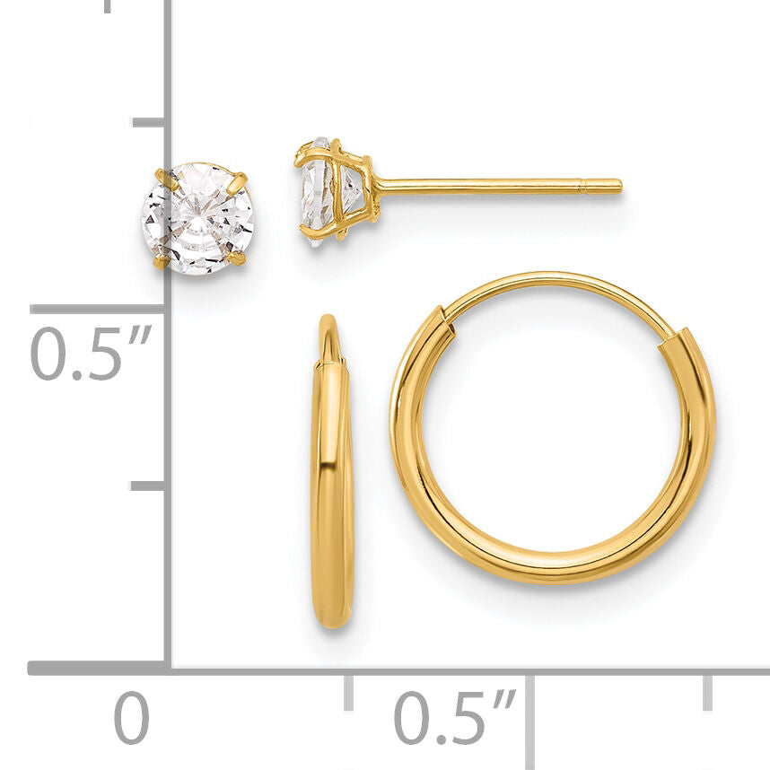 14K Polished CZ Studs and Small Endless Hoop Earring Set-YE2162SET