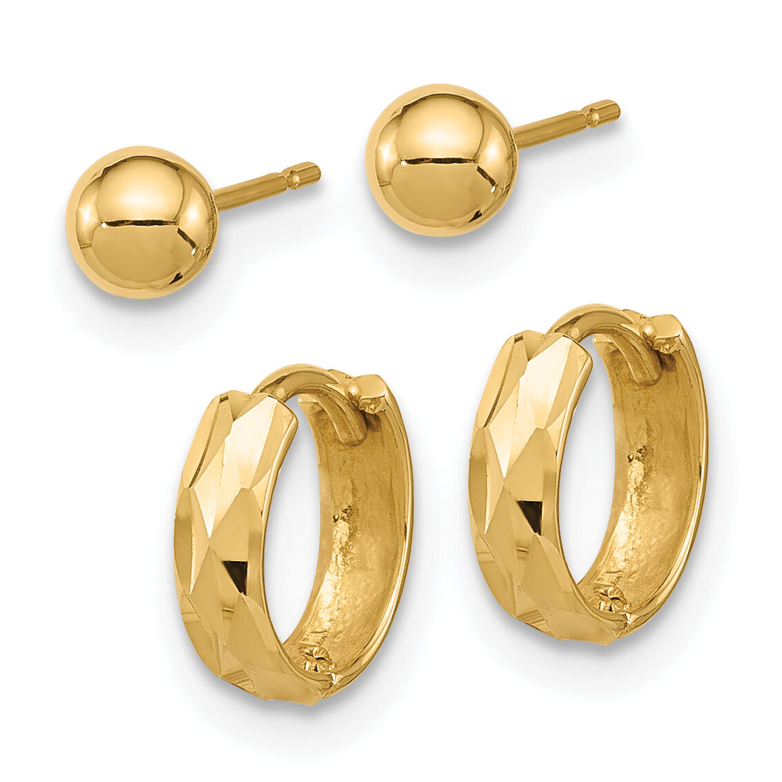 14K Polished 4mm Ball and Diamond Cut Hoop Set-YE2168SET