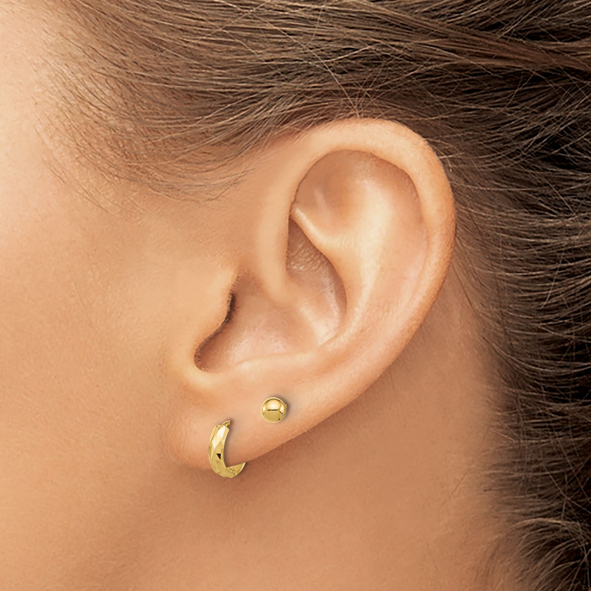 14K Polished 4mm Ball and Diamond Cut Hoop Set-YE2168SET