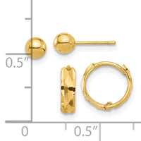 14K Polished 4mm Ball and Diamond Cut Hoop Set-YE2168SET