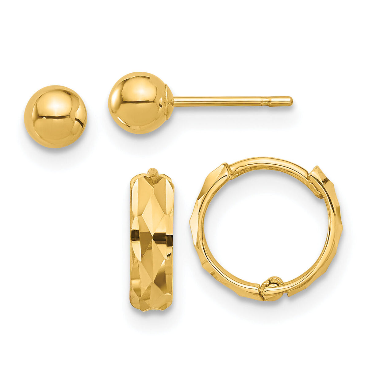 14K Polished 4mm Ball and Diamond Cut Hoop Set-YE2168SET