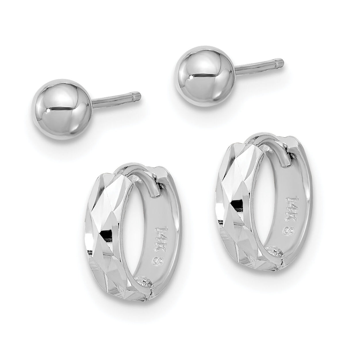 14K White Gold Polished 4mm Ball and D/C Hinged Hoop Earring Set-YE2168WSET
