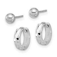 14K White Gold Polished 4mm Ball and D/C Hinged Hoop Earring Set-YE2168WSET