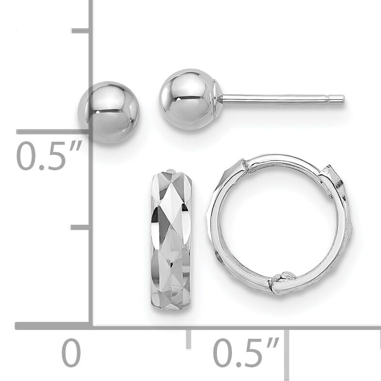 14K White Gold Polished 4mm Ball and D/C Hinged Hoop Earring Set-YE2168WSET