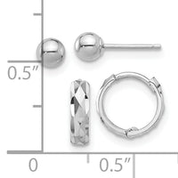 14K White Gold Polished 4mm Ball and D/C Hinged Hoop Earring Set-YE2168WSET