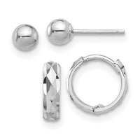 14K White Gold Polished 4mm Ball and D/C Hinged Hoop Earring Set-YE2168WSET