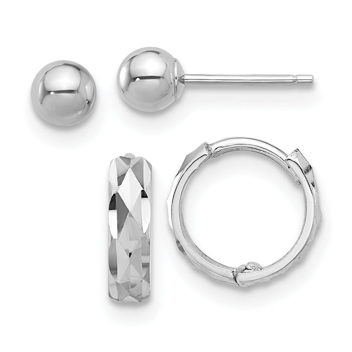 14K White Gold Polished 4mm Ball and D/C Hinged Hoop Earring Set-YE2168WSET