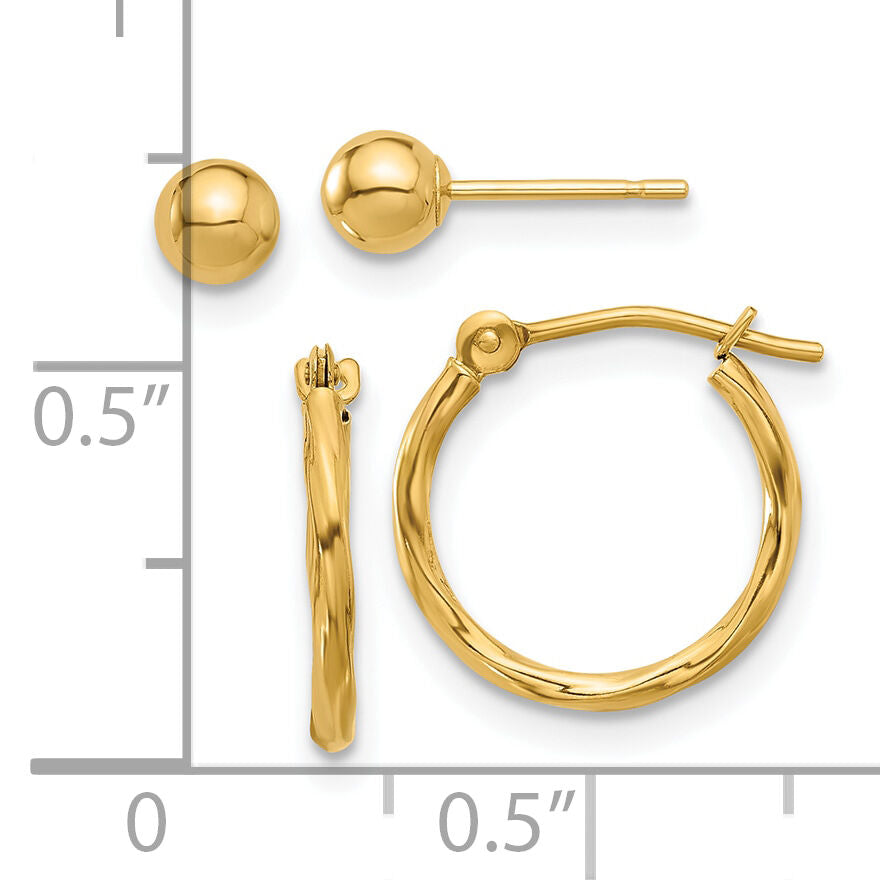 14K Polished 4mm Ball and Twisted Hoop Earring Set-YE2169SET
