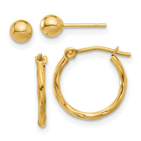 14K Polished 4mm Ball and Twisted Hoop Earring Set-YE2169SET