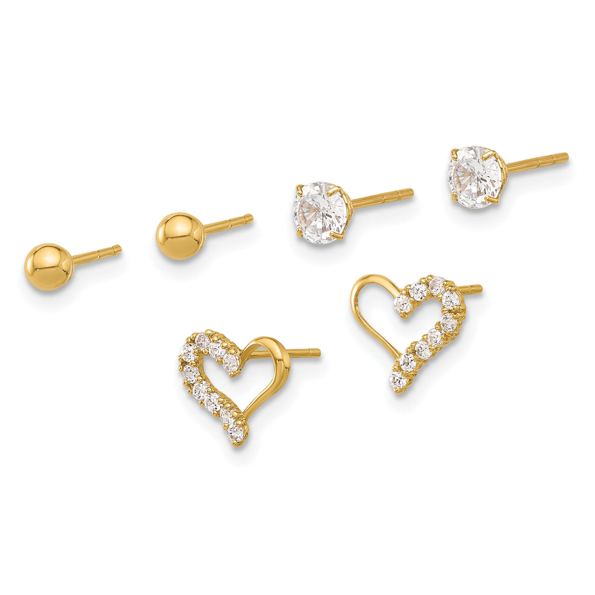 14K Polished CZ Ball and Heart Post Earring Set-YE2190SET