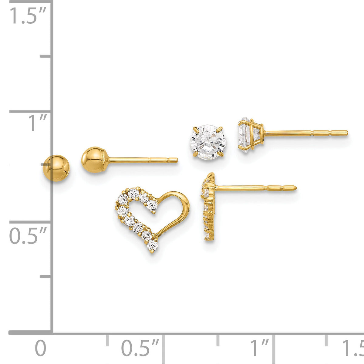 14K Polished CZ Ball and Heart Post Earring Set-YE2190SET