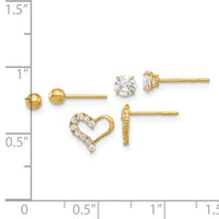 14K Polished CZ Ball and Heart Post Earring Set-YE2190SET