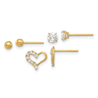 14K Polished CZ Ball and Heart Post Earring Set-YE2190SET