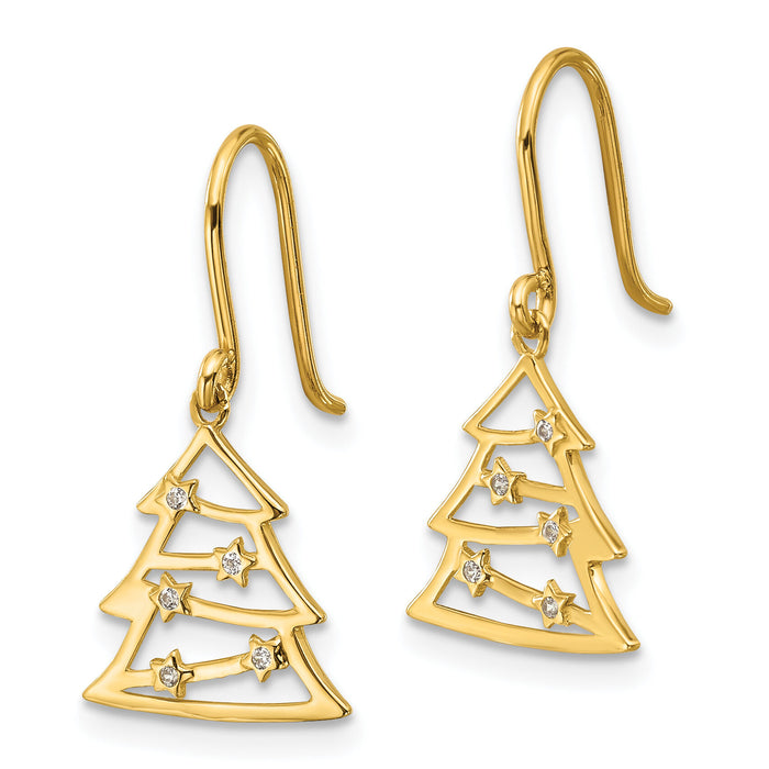 14k Polished CZ Christmas Tree Shepherd Hook Dangle Earrings-YE2200