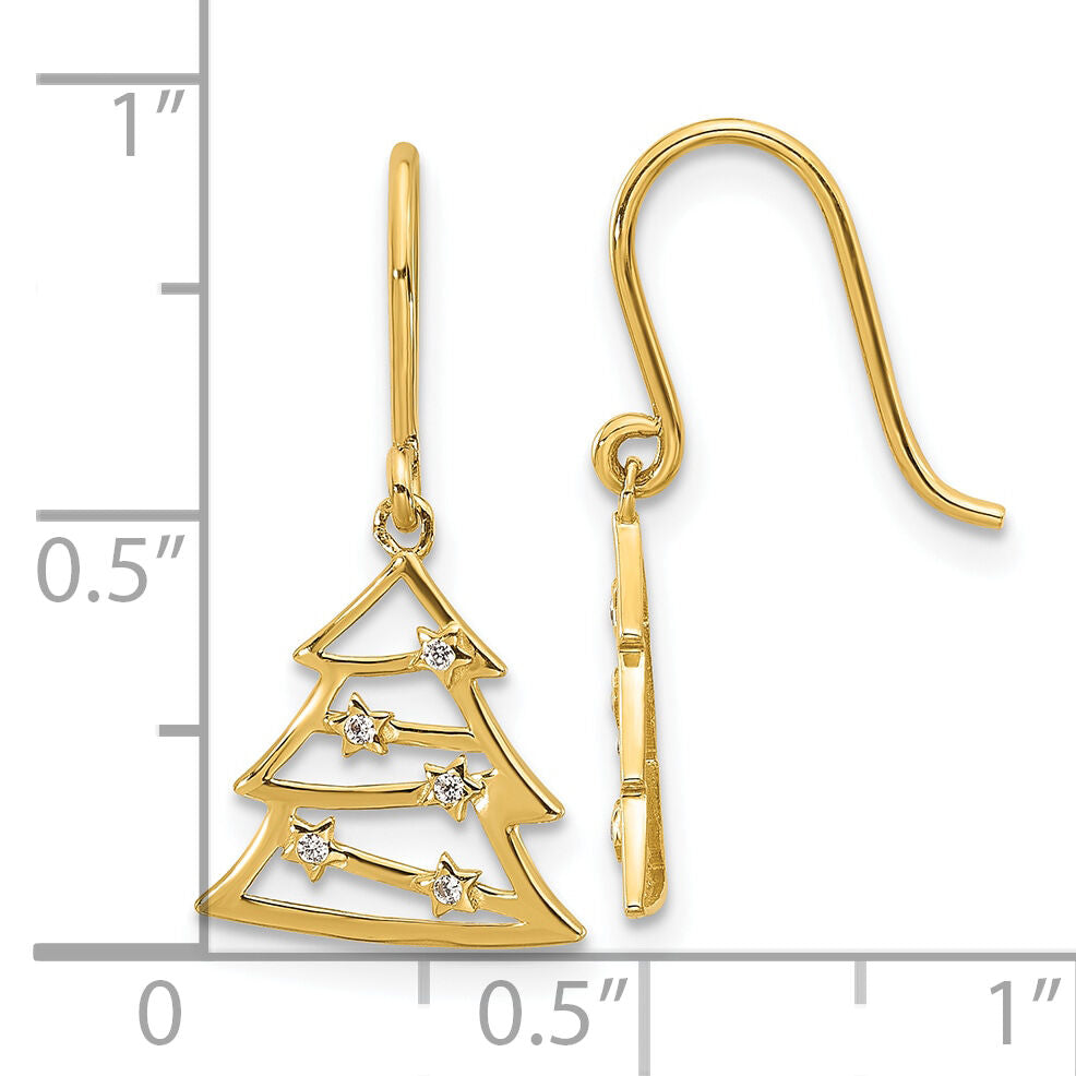 14k Polished CZ Christmas Tree Shepherd Hook Dangle Earrings-YE2200