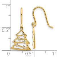 14k Polished CZ Christmas Tree Shepherd Hook Dangle Earrings-YE2200