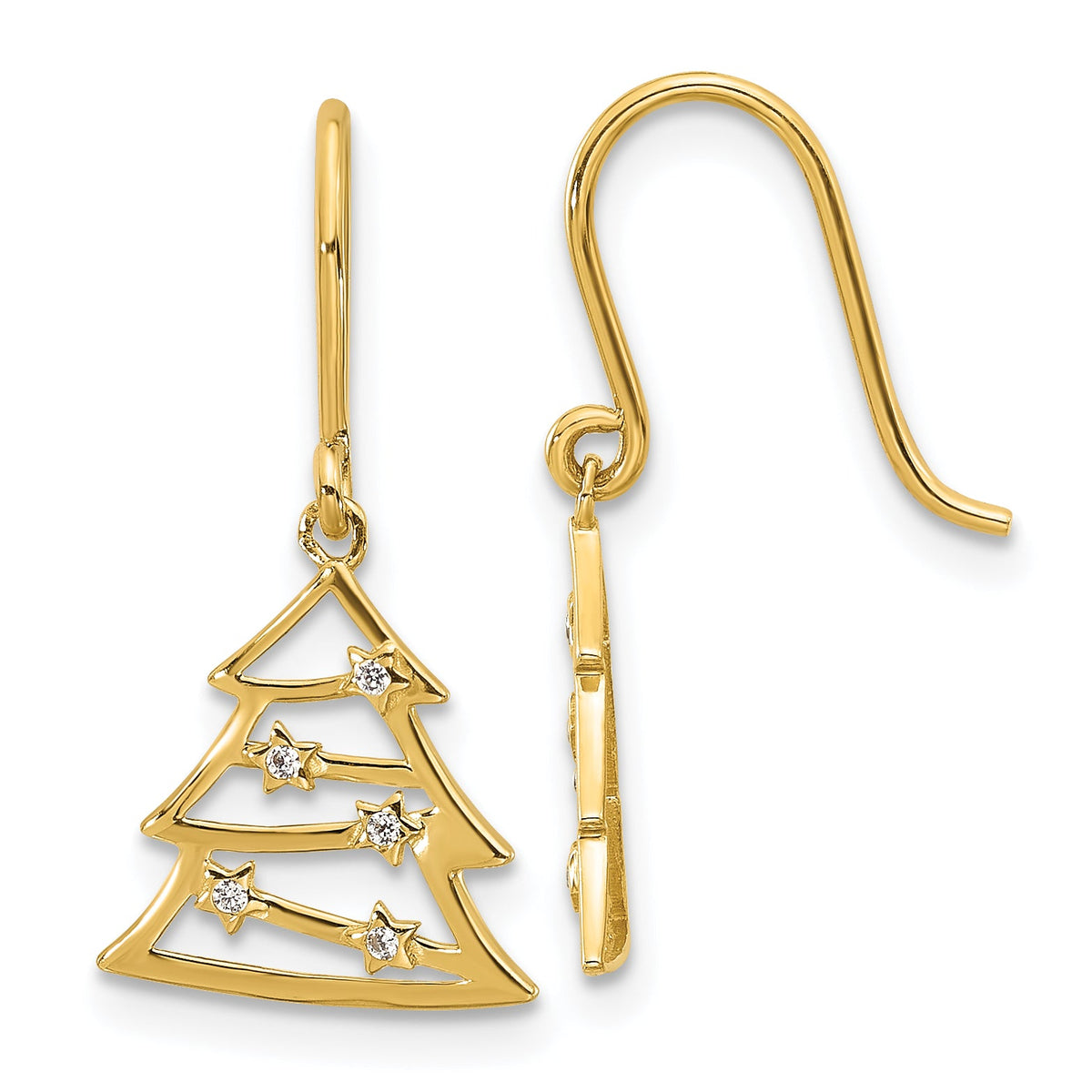 14k Polished CZ Christmas Tree Shepherd Hook Dangle Earrings-YE2200