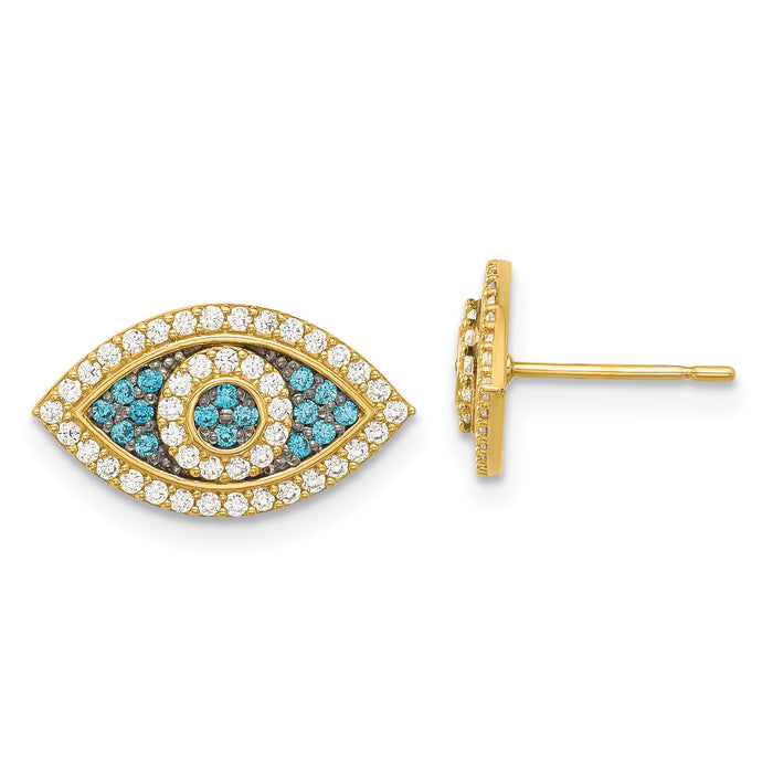 14k Black Rhodium-plated Polished Blue/White CZ Evil Eye Post Earrings-YE2203