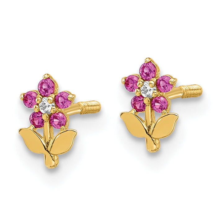 14K Polished Dark Pink & White CZ Flower Screwback Post Earrings-YE2207