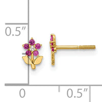 14K Polished Dark Pink & White CZ Flower Screwback Post Earrings-YE2207
