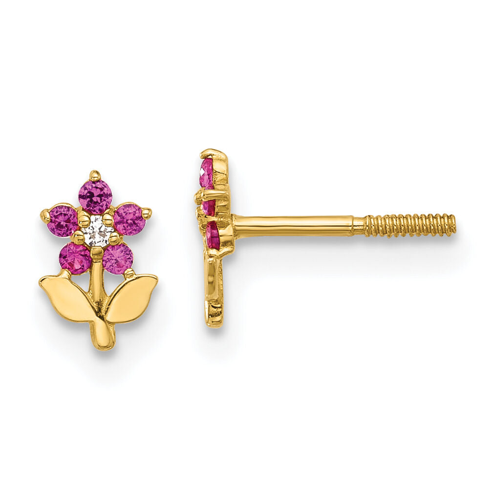 14K Polished Dark Pink & White CZ Flower Screwback Post Earrings-YE2207