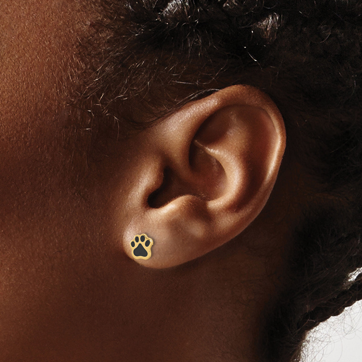 14K Polished Paw with Black Enamel Post Earrings-YE2216