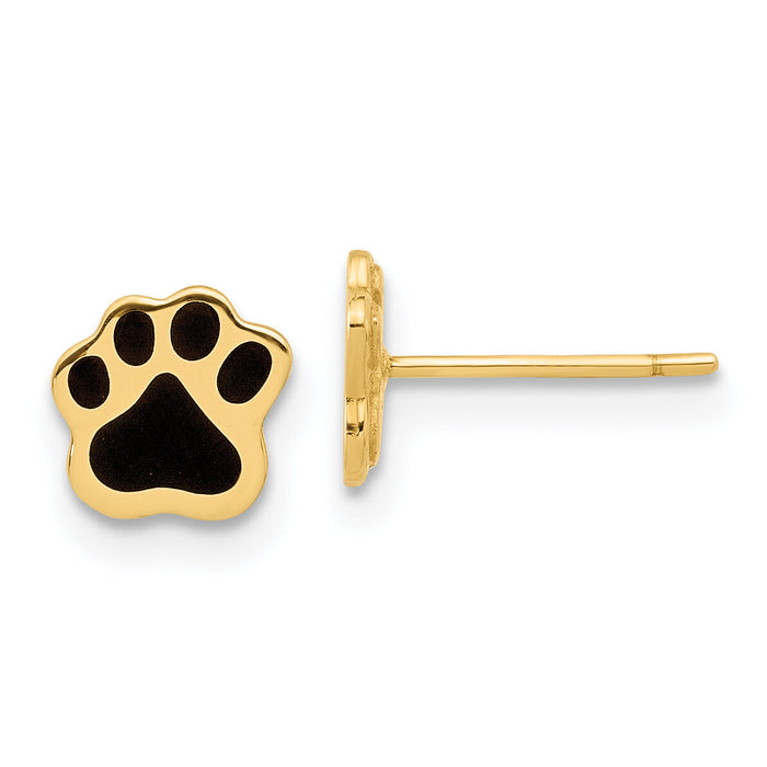 14K Polished Paw with Black Enamel Post Earrings-YE2216