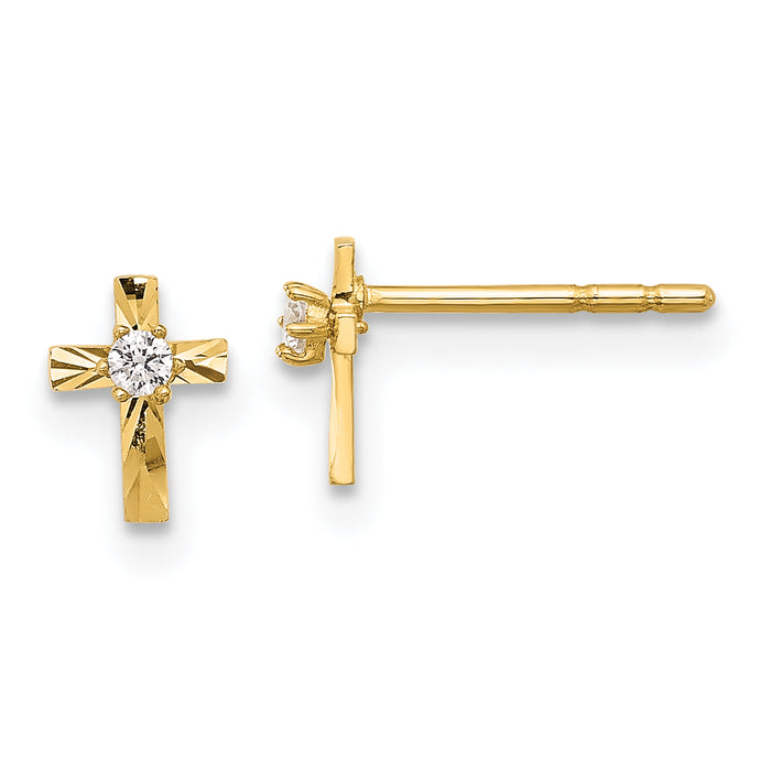 14K Polished and D/C CZ Cross Post Earrings-YE2224