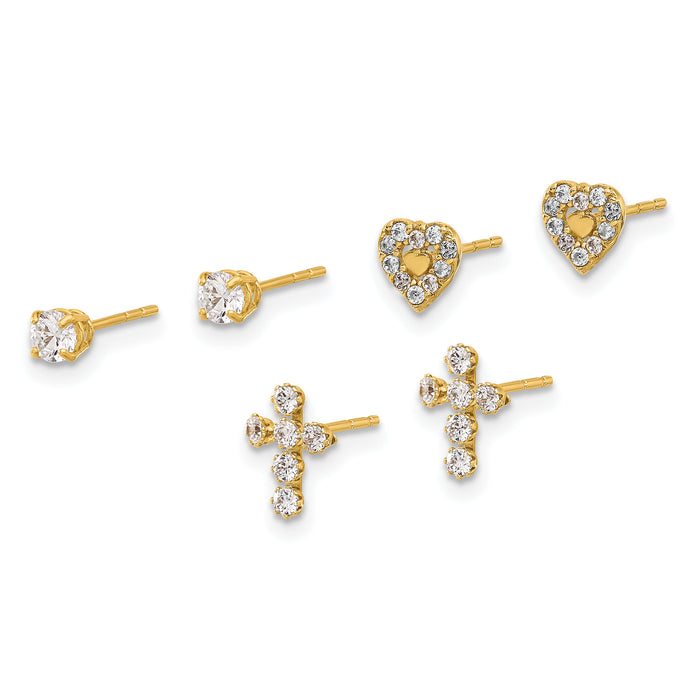 14K Polished CZ Cross Heart and Stud Post Earring Set-YE2227SET
