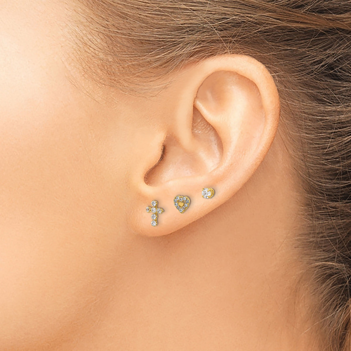 14K Polished CZ Cross Heart and Stud Post Earring Set-YE2227SET