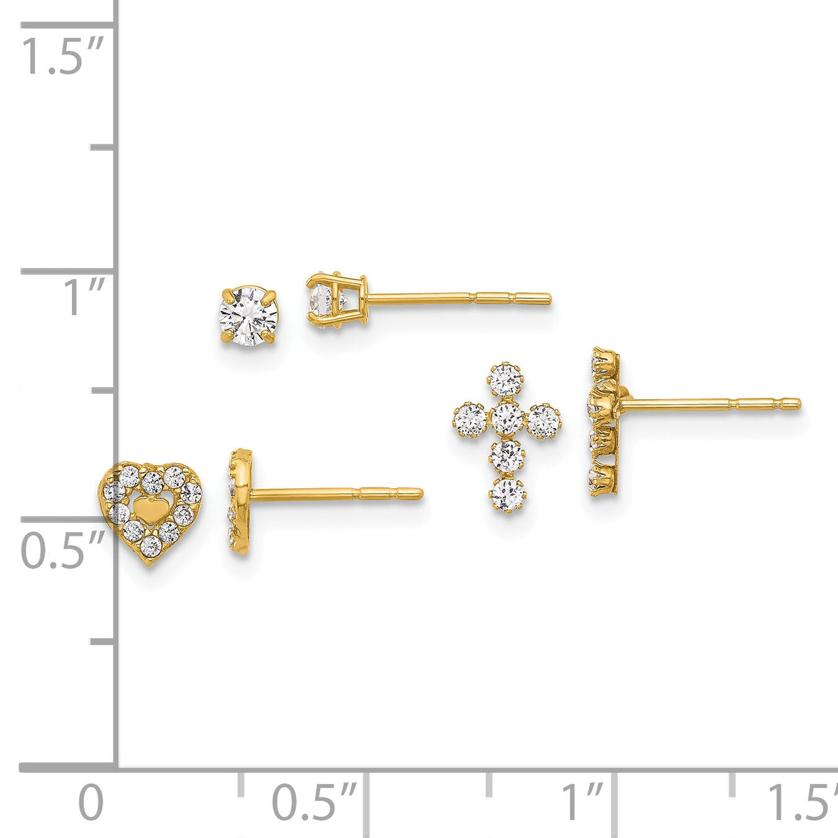 14K Polished CZ Cross Heart and Stud Post Earring Set-YE2227SET