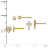 14K Polished CZ Cross Heart and Stud Post Earring Set-YE2227SET