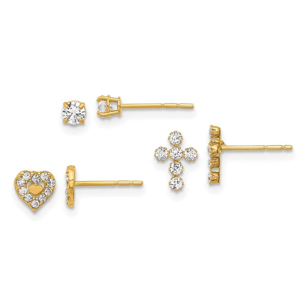 14K Polished CZ Cross Heart and Stud Post Earring Set-YE2227SET
