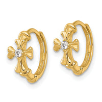 14k Polished CZ Cross Hinged Round Hoop Earrings-YE2231
