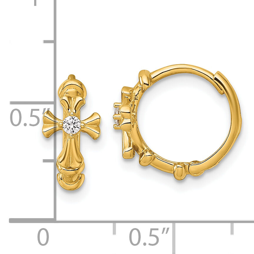 14k Polished CZ Cross Hinged Round Hoop Earrings-YE2231