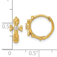 14k Polished CZ Cross Hinged Round Hoop Earrings-YE2231